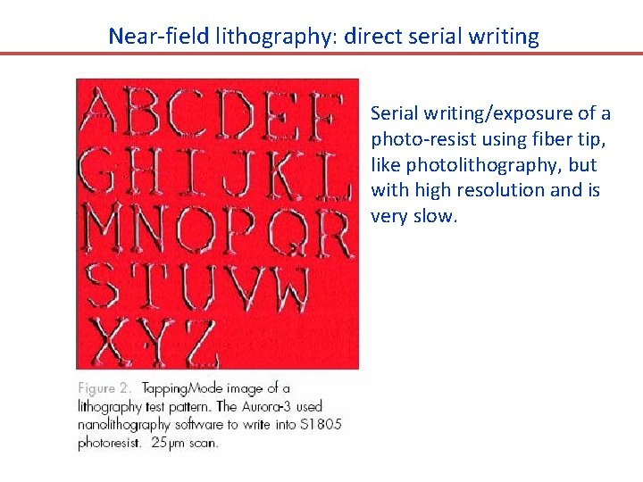 Near-field lithography: direct serial writing Serial writing/exposure of a photo-resist using fiber tip, like