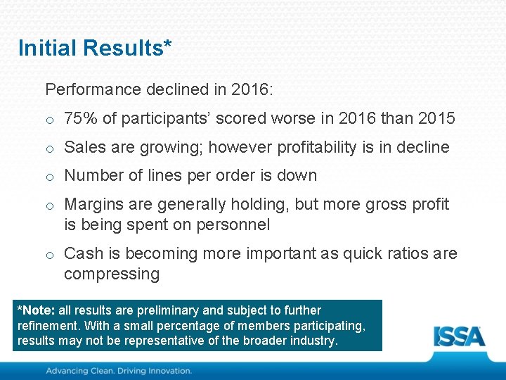 Initial Results* Performance declined in 2016: o 75% of participants’ scored worse in 2016