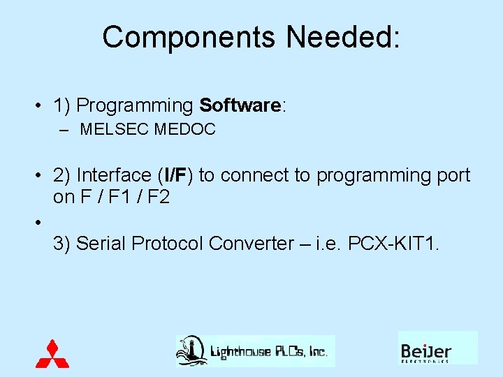 Components Needed: • 1) Programming Software: – MELSEC MEDOC • 2) Interface (I/F) to