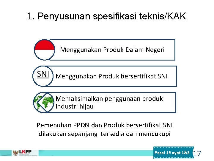 1. Penyusunan spesifikasi teknis/KAK Menggunakan Produk Dalam Negeri Menggunakan Produk bersertifikat SNI Memaksimalkan penggunaan