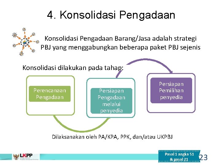 4. Konsolidasi Pengadaan Barang/Jasa adalah strategi PBJ yang menggabungkan beberapa paket PBJ sejenis Konsolidasi