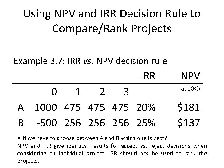 Using NPV and IRR Decision Rule to Compare/Rank Projects Example 3. 7: IRR vs.