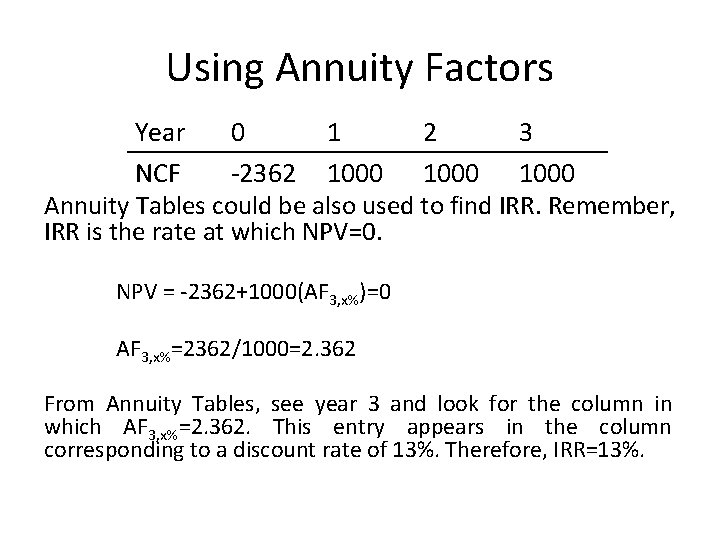 Using Annuity Factors Year 0 1 2 3 NCF -2362 1000 Annuity Tables could