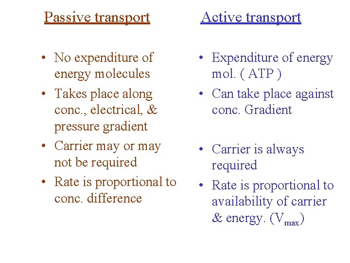 Passive transport Active transport • No expenditure of energy molecules • Takes place along