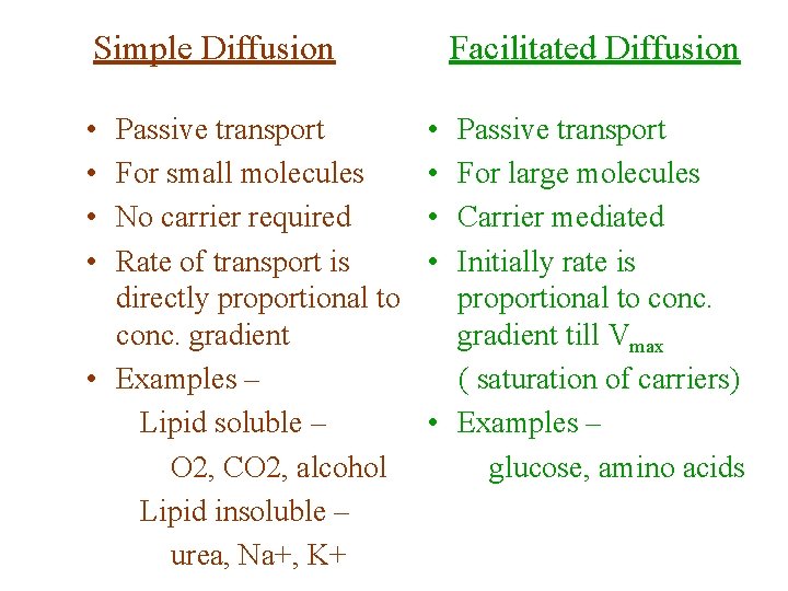 Simple Diffusion • • Passive transport For small molecules No carrier required Rate of