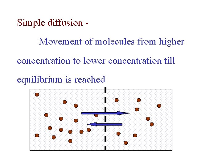 Simple diffusion Movement of molecules from higher concentration to lower concentration till equilibrium is