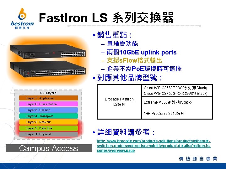 Fast. Iron LS 系列交換器 • 銷售重點： – – 具堆疊功能 兩個10 Gb. E uplink ports