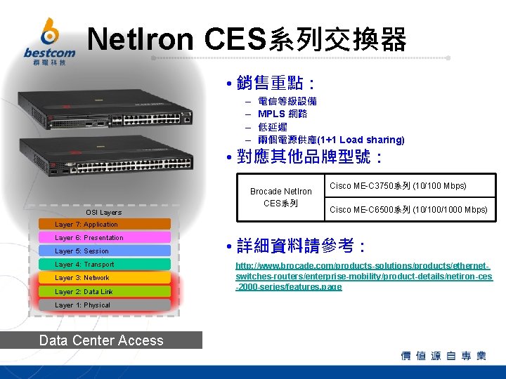Net. Iron CES系列交換器 • 銷售重點： – – 電信等級設備 MPLS 網路 低延遲 兩個電源供應(1+1 Load sharing)
