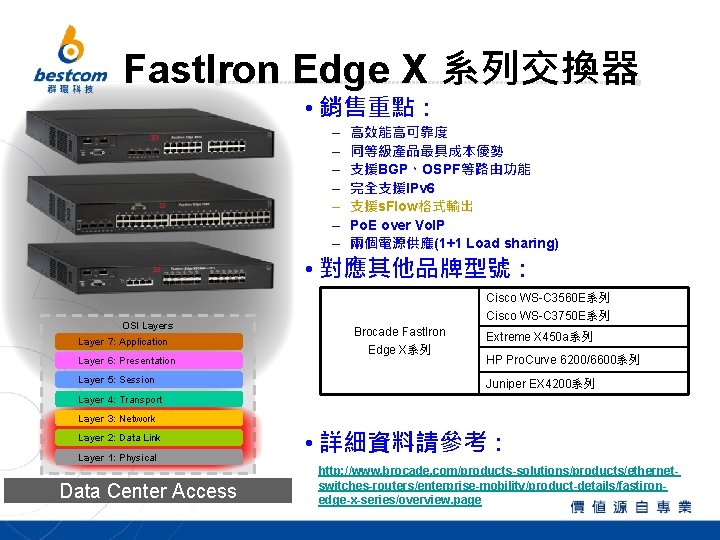 Fast. Iron Edge X 系列交換器 • 銷售重點： – – – – 高效能高可靠度 同等級產品最具成本優勢 支援BGP、OSPF等路由功能