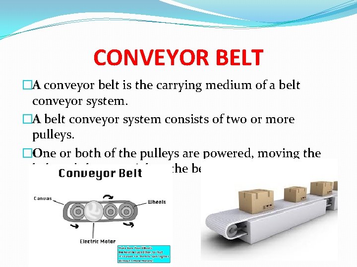 CONVEYOR BELT �A conveyor belt is the carrying medium of a belt conveyor system.