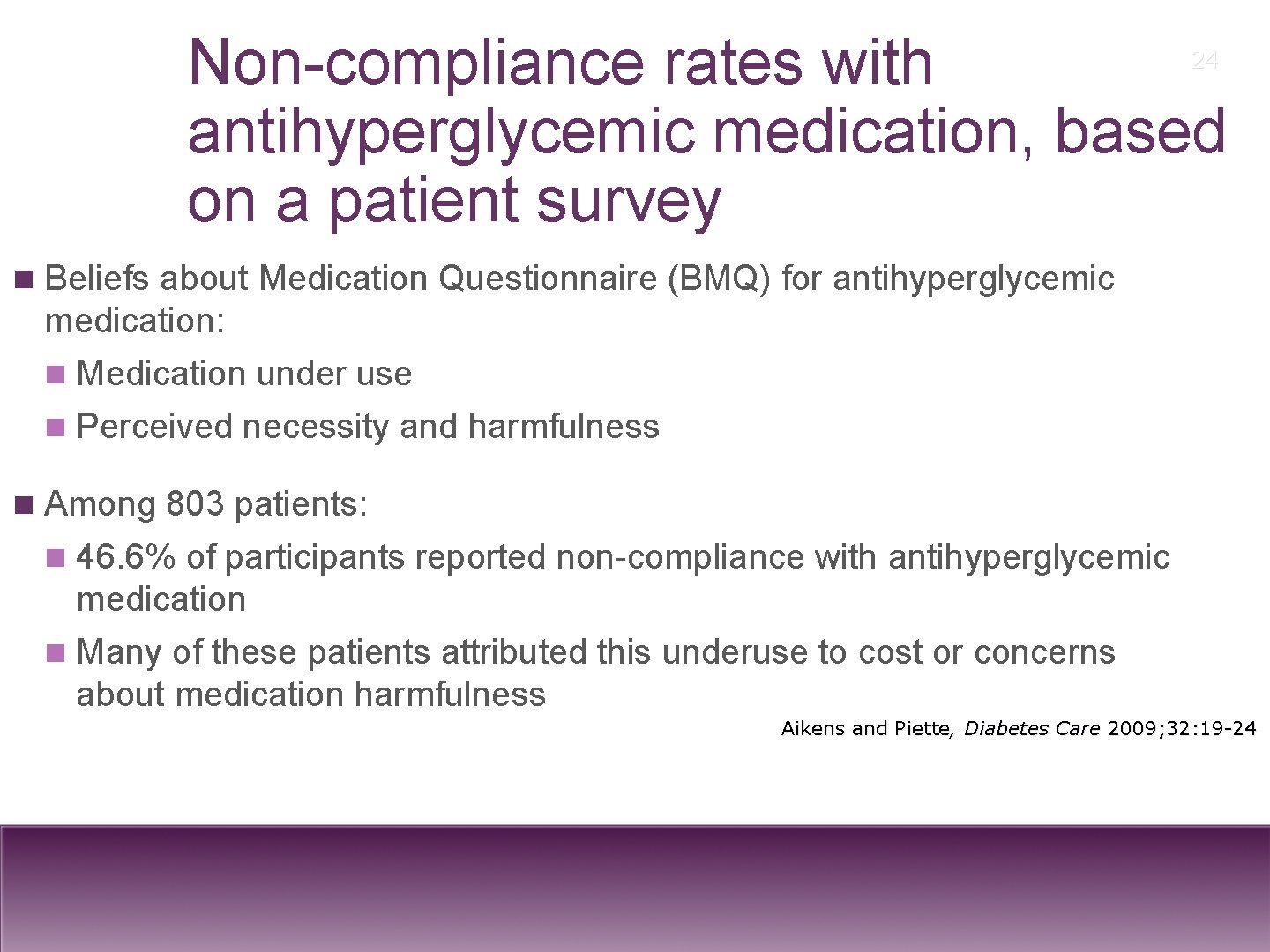 Non-compliance rates with antihyperglycemic medication, based on a patient survey 24 n Beliefs about