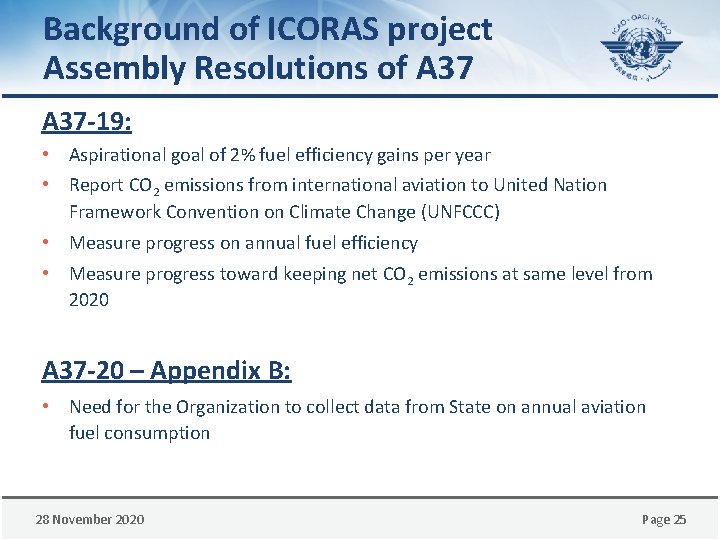 Background of ICORAS project Assembly Resolutions of A 37 -19: • Aspirational goal of