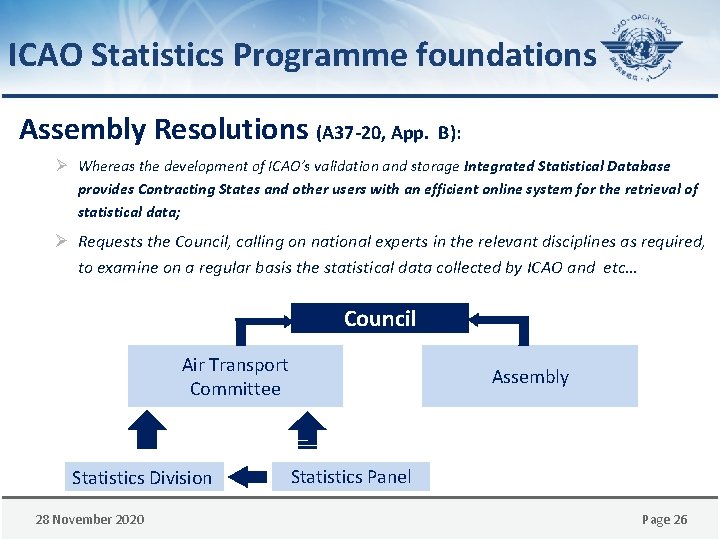ICAO Statistics Programme foundations Assembly Resolutions (A 37 -20, App. B): Ø Whereas the