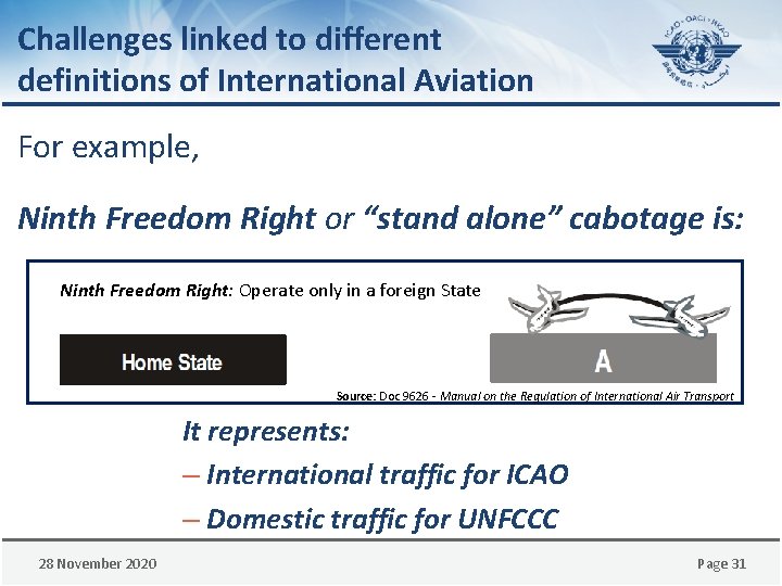 Challenges linked to different definitions of International Aviation For example, Ninth Freedom Right or
