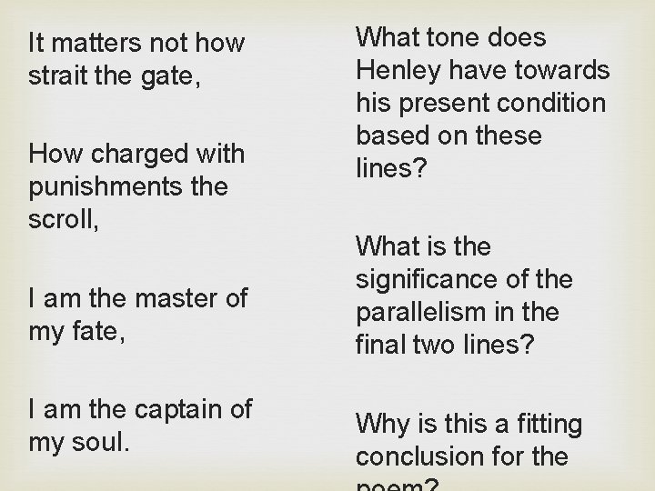 It matters not how strait the gate, How charged with punishments the scroll, I