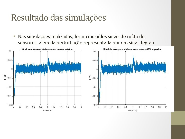 Resultado das simulações • Nas simulações realizadas, foram incluídos sinais de ruído de sensores,