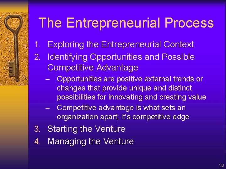 The Entrepreneurial Process 1. Exploring the Entrepreneurial Context 2. Identifying Opportunities and Possible Competitive