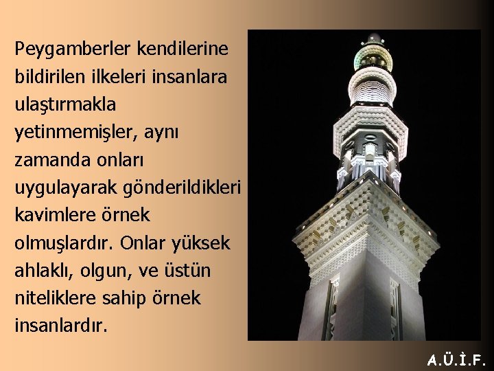 Peygamberler kendilerine bildirilen ilkeleri insanlara ulaştırmakla yetinmemişler, aynı zamanda onları uygulayarak gönderildikleri kavimlere örnek