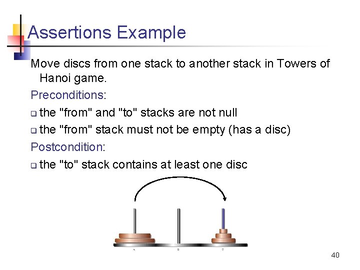 Assertions Example Move discs from one stack to another stack in Towers of Hanoi