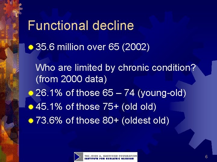 Functional decline ® 35. 6 million over 65 (2002) Who are limited by chronic