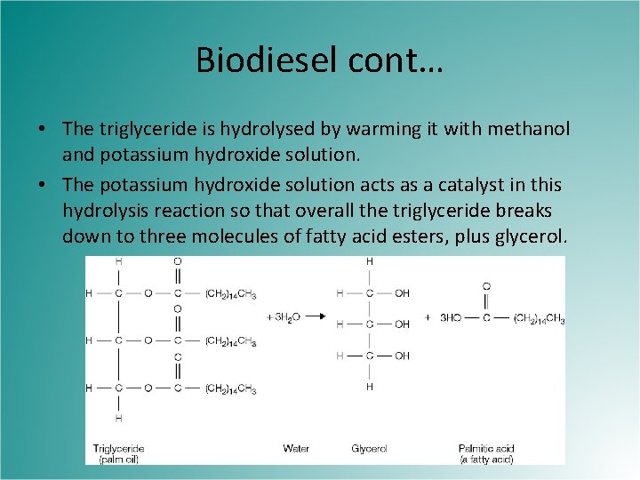 Biodiesel cont… • The triglyceride is hydrolysed by warming it with methanol and potassium