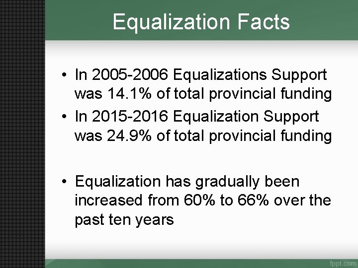 Equalization Facts • In 2005 -2006 Equalizations Support was 14. 1% of total provincial