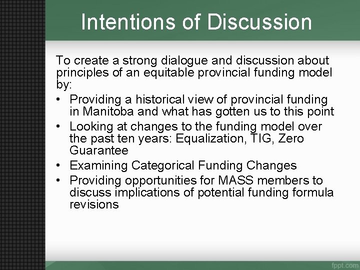 Intentions of Discussion To create a strong dialogue and discussion about principles of an