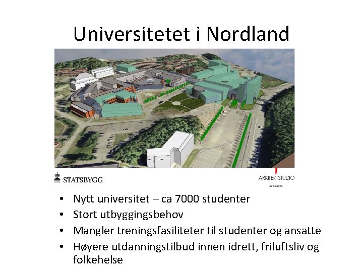 Universitetet i Nordland • • Nytt universitet – ca 7000 studenter Stort utbyggingsbehov Mangler