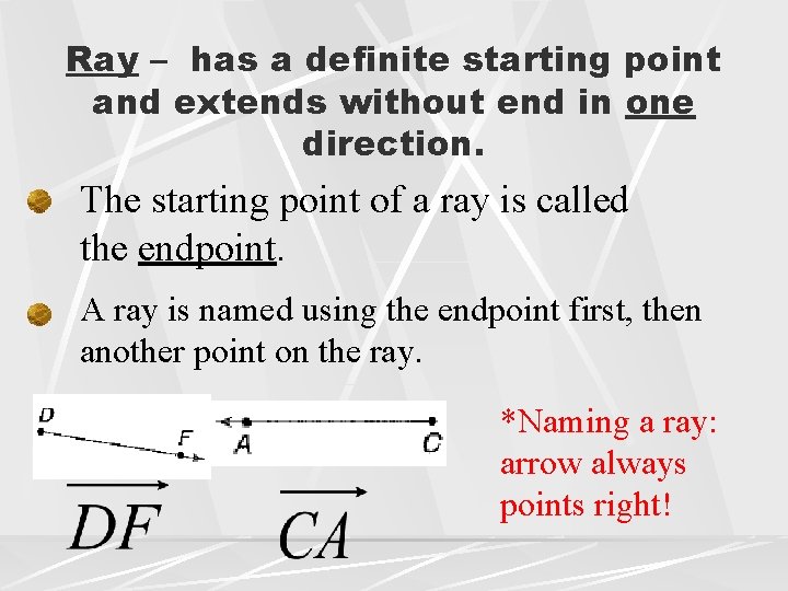 Ray – has a definite starting point and extends without end in one direction.