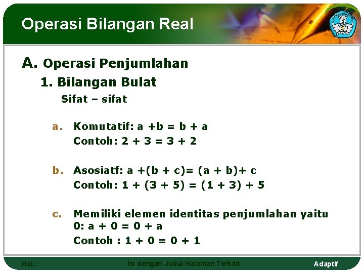 Operasi Bilangan Real A. Operasi Penjumlahan 1. Bilangan Bulat Sifat – sifat a. Komutatif: