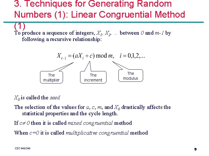 3. Techniques for Generating Random Numbers (1): Linear Congruential Method (1) To produce a