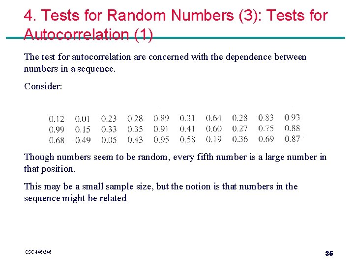 4. Tests for Random Numbers (3): Tests for Autocorrelation (1) The test for autocorrelation