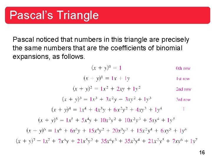 Pascal’s Triangle Pascal noticed that numbers in this triangle are precisely the same numbers
