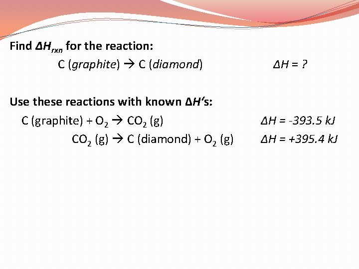 Find ΔHrxn for the reaction: C (graphite) C (diamond) Use these reactions with known