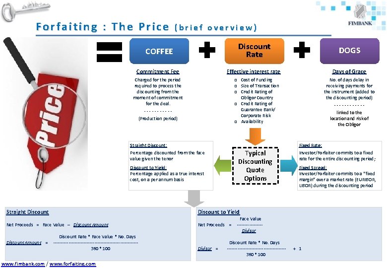 Forfaiting : The Price (brief overview) COFFEE Discount Rate DOGS Commitment Fee Effective interest