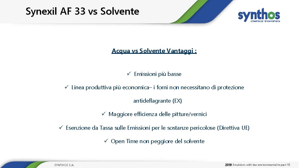 Synexil AF 33 vs Solvente Acqua vs Solvente Vantaggi : ü Emissioni più basse