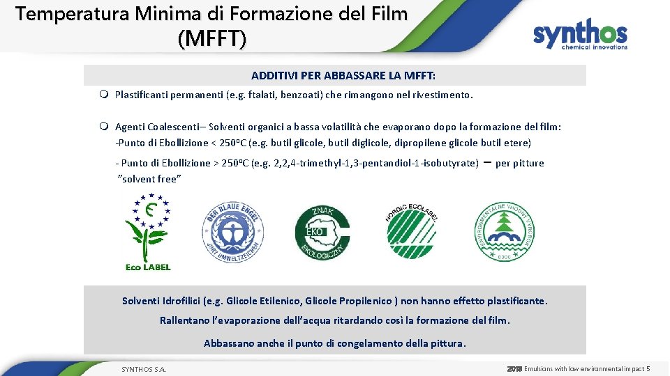 Temperatura Minima di Formazione del Film (MFFT) ADDITIVI PER ABBASSARE LA MFFT: m Plastificanti