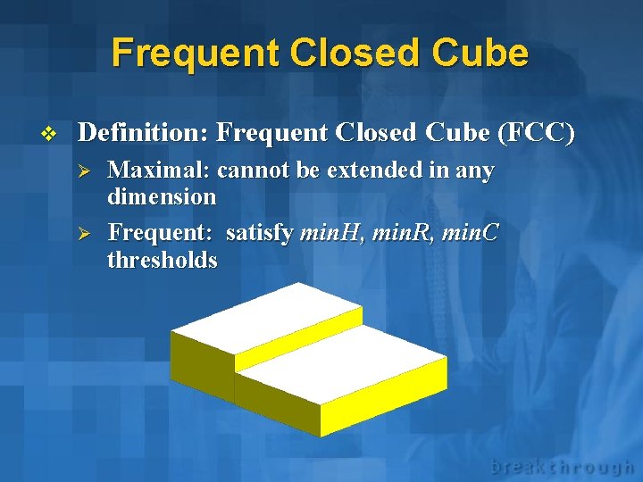 Frequent Closed Cube v Definition: Frequent Closed Cube (FCC) Ø Ø Maximal: cannot be
