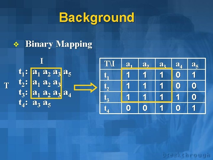 Background v Binary Mapping t 1: T t 2: t 3: t 4: I