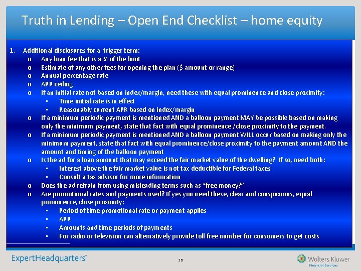Truth in Lending – Open End Checklist – home equity 1. Additional disclosures for Truth in Lending – Open End Checklist – home equity 1. Additional disclosures for