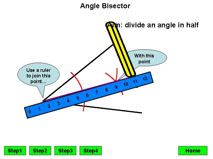 Angle Bisector Aim: divide an angle in half With this point Use a ruler