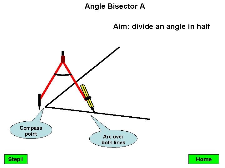 Angle Bisector A Aim: divide an angle in half Compass point Step 1 Arc