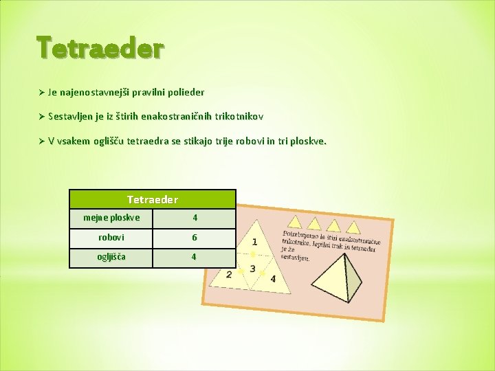 Tetraeder Ø Je najenostavnejši pravilni polieder Ø Sestavljen je iz štirih enakostraničnih trikotnikov Ø