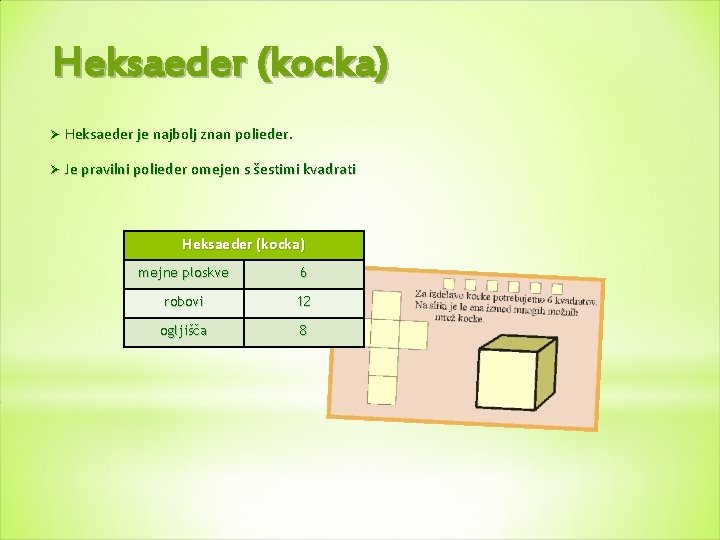 Heksaeder (kocka) Ø Heksaeder je najbolj znan polieder. Ø Je pravilni polieder omejen s