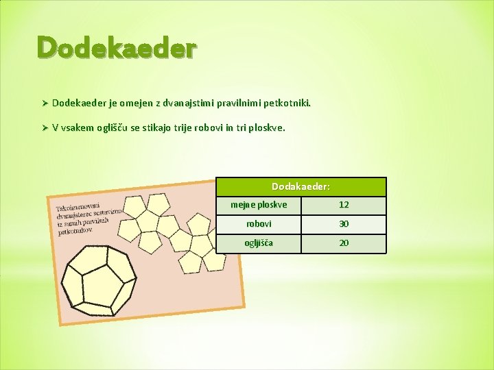 Dodekaeder Ø Dodekaeder je omejen z dvanajstimi pravilnimi petkotniki. Ø V vsakem oglišču se