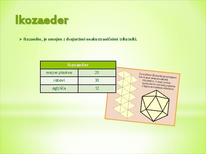 Ikozaeder Ø Ikozaeder, je omejen z dvajsetimi enakostraničnimi trikotniki. Ikozaeder mejne ploskve 20 robovi