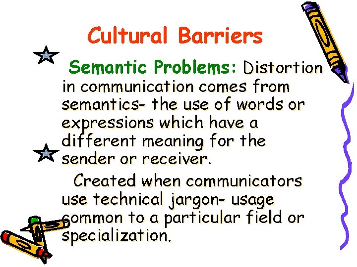Cultural Barriers Semantic Problems: Distortion in communication comes from semantics- the use of words