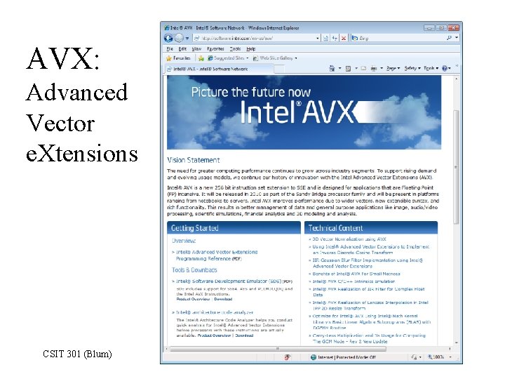AVX: Advanced Vector e. Xtensions CSIT 301 (Blum) 40 
