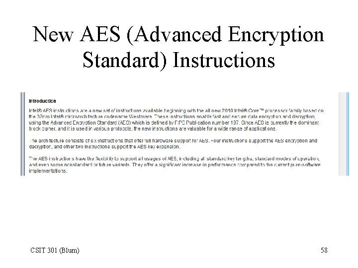 New AES (Advanced Encryption Standard) Instructions CSIT 301 (Blum) 58 