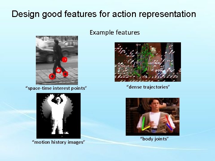 Design good features for action representation Example features “space-time interest points” “motion history images”